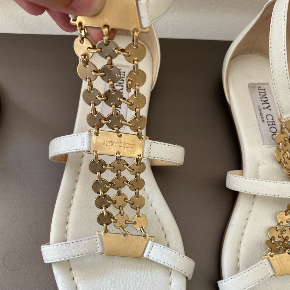 Jimmy Choo Wyatt Gold Disc White Leather Size 35.